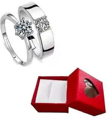 Vibeesle Men's/Women's Adjustable Metal 2 Stone Couple Finger Ring Set Stainless Steel Silver Plated Ring Set