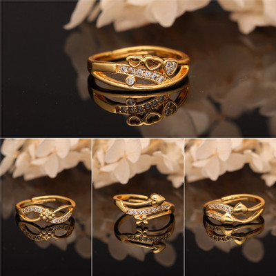 Sangria Gold-Plated Combo Set of Stylish Adjustable Rings Brass Diamond Gold Plated Ring Set