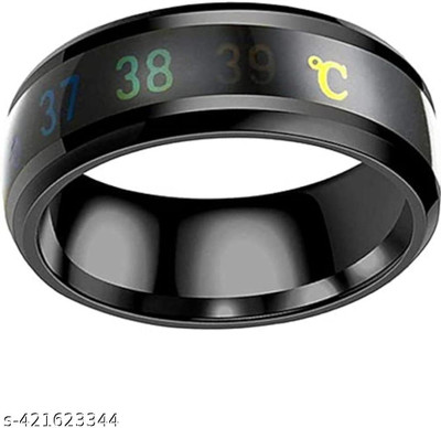 RANGRIVAAZ Black Temperature Sensor Mood Ring for Men & Women Stainless Steel Black Silver Plated Ring