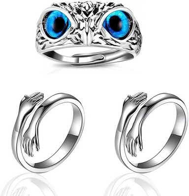 Viibesle Combo of Silver plated 1 Blue Eye Owl And 2 love Hug Rings special for couples Alloy Silver Plated Ring Set