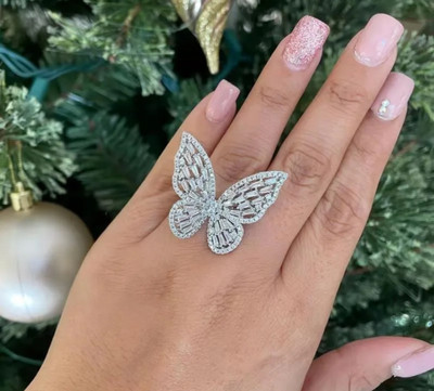 Nitant Designer Butterfly Silver Colored American Diamond Studded Big Size Adjustable Alloy Silver Plated Ring