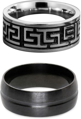 fabula Combo of 2 Black & Silver Stainless Steel Ring Bands For Men & Boys Stainless Steel Silver Plated Ring