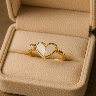 Diyaana Golden Heart Elegance Ring with White Enamel Accent for Women & Girls. Stainless Steel Crystal Gold Plated Ring