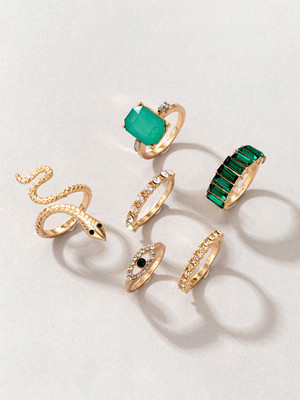 Unwind by Yellow Chimes Set of 6 Snake Designed Crystal Studded Finger Rings Alloy Crystal Ring Set
