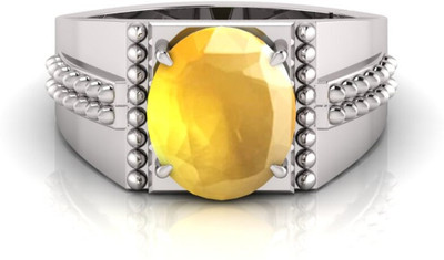 Pranjal Gems 9.25 Ratti Yellow Sapphire Gemstone Adjustable Ring With Lab CertificateAG Shell Sapphire Rhodium Plated Ring