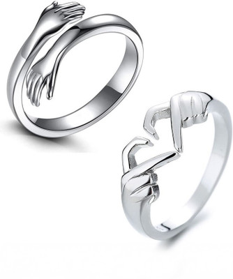 vs unique collections Pack Of 2 Love Gesture Couple Hands Than Heart Hug Me Thumb Finger Ring Stainless Steel Silver Plated Ring