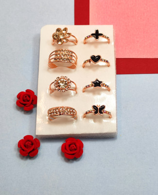 Divyanshi Collection Stylish Gold Plated Partywear Stackable 8 Rings Set Brass Diamond Gold Plated Ring Set