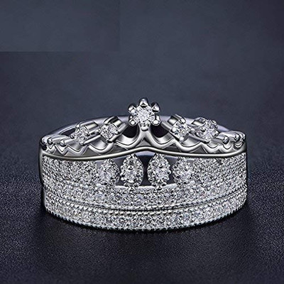 Jewelgenics Two PCs Titanium Plated Luxury Crown Queen Collection and Cubic Zirconia Ring For Girls and Women (Silver) Stainless Steel Cubic Zirconia Titanium Plated Ring