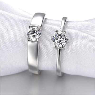 Deevora Valentine's Special Silver Plated Couple Band Ring Set Gift for loved Ones Alloy Cubic Zirconia Silver Plated Ring Set