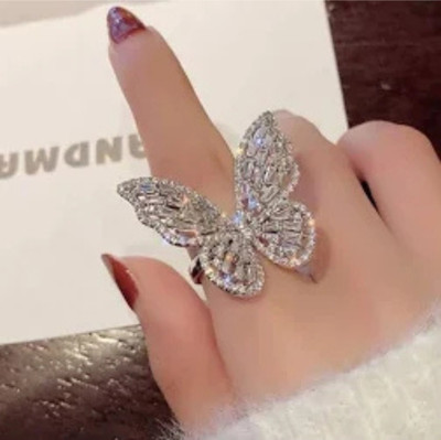 MASHBA Adjustable Cubic Zirconia Silver Butterfly Ring For women And Girls Stainless Steel Cubic Zirconia Silver Plated Ring