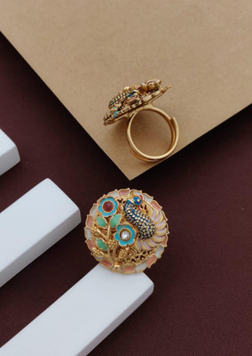 immitation Traditional High Gold Plated Adjustable Finger Ring with Enamel Work Brass Gold Plated Ring