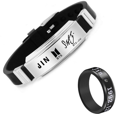 University Trendz KPOP BTS Singer JIN Name Craved Stylish Silver Combo for Unisex Stainless Steel Cubic Zirconia Silver Plated Ring Set