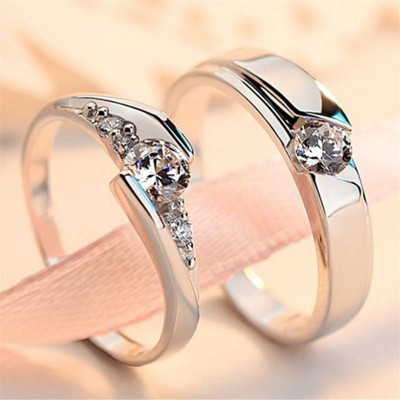 Teeragaj AdjustableCoupleRingsComboLoverCrownEngravedKingQueenAmericandiamondValentine Brass Cubic Zirconia Silver Plated Ring Set