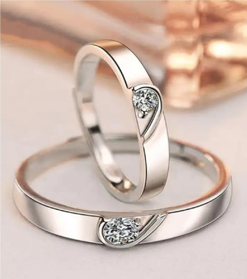 FASHOW Half Heart Puzzle Promise Adjustable Couple Rings Stainless Steel Cubic Zirconia Silver Plated Ring