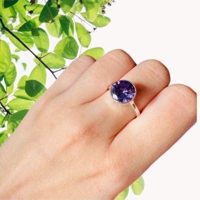 Gemzonite Amethyst Purple Crystal Stone for Unisex for Astrological Purpose Brass Amethyst Silver Plated Ring