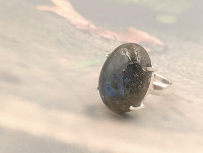 ShrimJewels Elegant Oval Stone Ring with Iridescent Blue-Green Flash & Positive Energy Brass Moonstone Rhodium Plated Ring