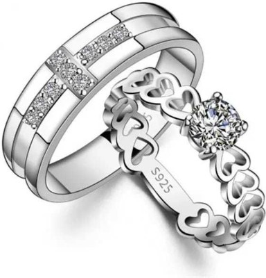 SILVERSHOPE Silver Plated Adjustable Royal Look King And Queen Couple Ring For Men And Women Silver Diamond Ring Set