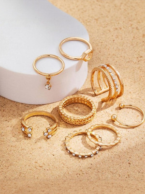 Dressberry 8 Pcs White Crystal Drop Heart Ring Set For Women And Girls Alloy Gold Plated Ring Set