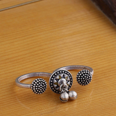 Voylla Taal Mridang Two-Finger Statement Ring Brass Silver Plated Ring