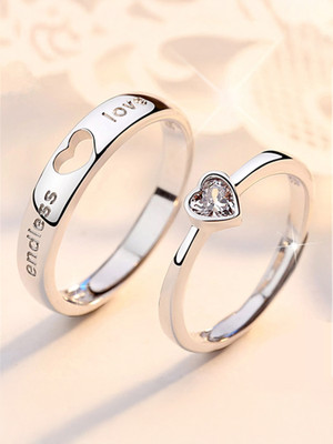 Devora Endless Love Heart shape Valentine Gifts Couple Ring for Girls and Boys Valentine Day Propose ring for lovers Stainless Steel Zircon Sterling Silver Plated Ring Set