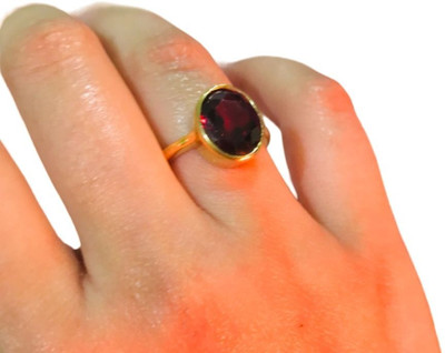 Chopra Gems Certified Unheated Natural Garnet/Gomed Gemstone Ring for Women's/Men's Brass Gold Plated Ring