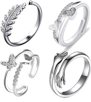 Agarwalproduct Silver Ring For Women Heart AD Butterfly Hug Silver Ring For Girls Combo of 3 Stainless Steel Cubic Zirconia Sterling Silver Plated Ring Set