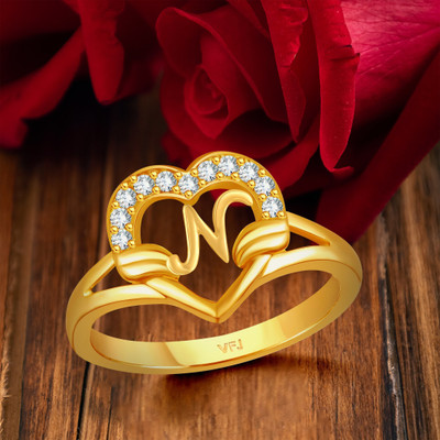 VIGHNAHARTA Valentine cluster'' V '' with heart ring alphabet cluster for women and Girls Brass Cubic Zirconia Gold Plated Ring