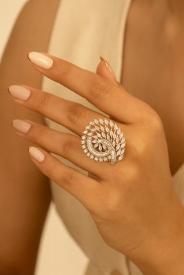 la fille d'or Silver Plated Statement CZ Stone Cocktail Ring for Women, Party & Festive Wear Brass Cubic Zirconia Ring