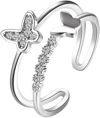 Aarohi Jewells Double Layer Butterfly Crystal Ring Adjustable Open Rings Jewelry AFR10SL-018 Alloy Crystal Silver Plated Nail Ring