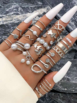 Jewels Galaxy Silver Plated Set of 22 Stackable Rings Alloy Pearl Silver Plated Ring
