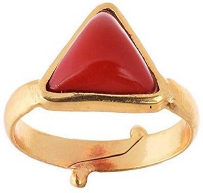 Gemzonite 4.55 Carat Triangle Coral Moonga Stone Brass Plated Spiritual Adjustable Ring Brass Coral Ring