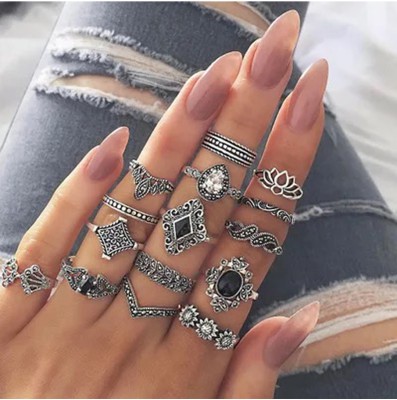 Vembley Silver Plated Fifteen Piece Vintage Floral Designs Plushy Ring Set Alloy Silver Plated Ring