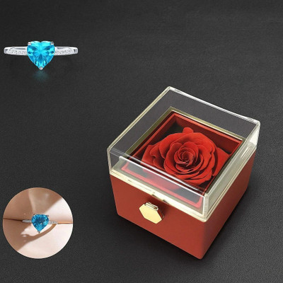 FABUNORA Eternal Rose Rotating Box With Blue Heart Ring Gift Set - 925 Sterling Silver Stainless Steel Aquamarine Rhodium Plated Ring