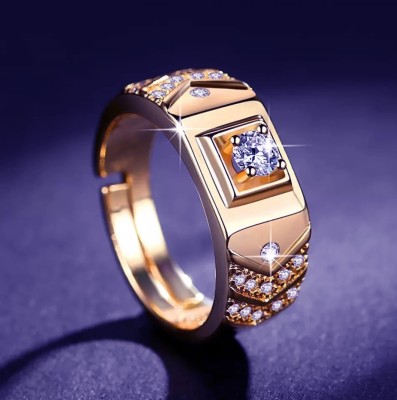 MYKI Exclusive Limited Edition Rose Gold Swarovski Solitaire Adjustable Mens Stainless Steel Cubic Zirconia Gold Plated Ring