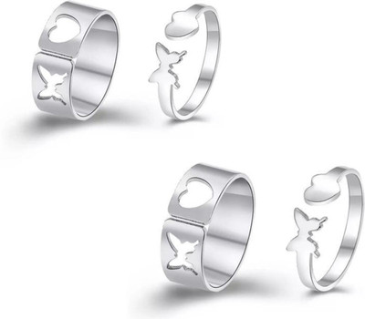 AVR JEWELS Combo of 2 Stylish Silver Plated Heart and Butterfly Couple Rings Stainless Steel Silver Plated Ring