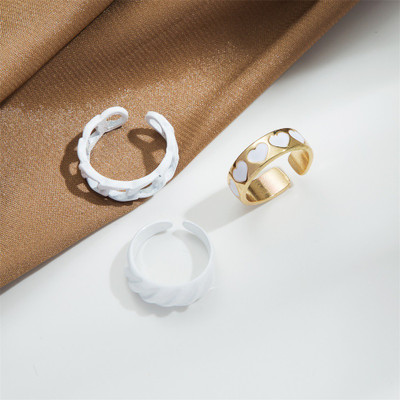 Arzonai love heart hollow ring 3-Pcs set retro geometric joint ring set-White Metal Ring Set
