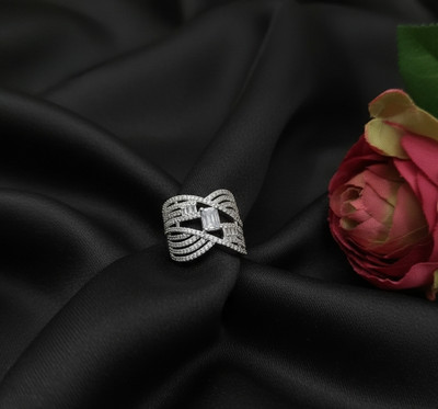 VTC FASHION Sterling Silver Cubic Zirconia Statement Ring, Criss-Cross Design, Blue Gift Box Brass Brass, Silver Plated Ring