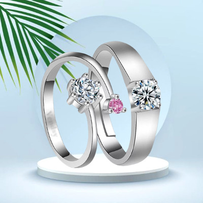 ruby collection Preesona Pink Crystal Adjustable Couple Ring Set for Him & Her Alloy Cubic Zirconia Sterling Silver Plated Ring Set