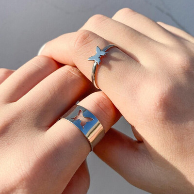 vs unique collections Couples Adjustable Valentine's Day Promise Matching Butterfly Finger Rings Set Stainless Steel Silver Plated Ring Set