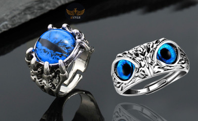 Ringzinee Unisex Dragon Eye Ring & Owl Ring (Combo-Adjustable) Trending Fashion Ring Stainless Steel Silver Plated Ring