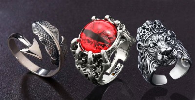 Syfer Lion Ring, Owl Ring, Arrow Feather Ring for Men and Women (3 Rings Combo) Stainless Steel Silver Plated Ring Set