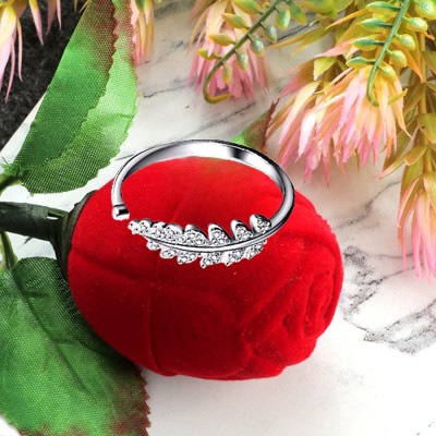 Jewelgenics Silver-Plated Crystal Stud Leaf Ring and Artificial Red Rose Velvet Combo Set Alloy Crystal Sterling Silver Plated Ring