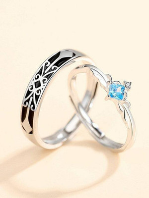 syrma Knight and Princess Blue Diamond Couple Ring Valentine Gift Couple Ring Alloy Cubic Zirconia Silver Plated Ring Set