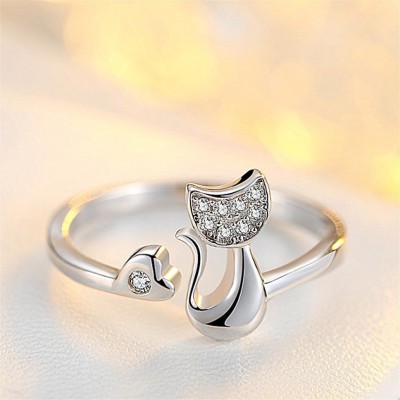 MYKI Adorable Cat Cubic Zircon Silver Adjustable Ring For Women & Girls Stainless Steel Swarovski Zirconia 24K White Gold Plated Ring