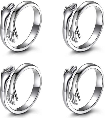 Teeragaj Pack of 4 Silver-Plated Friendship Loved Ones Hug Ring Stainless Steel Silver Plated Ring Set