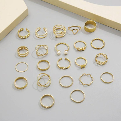 GlanzReich Women’s Stylish Gold Plated Ring Set – Adjustable Fashion Finger Rings Brass Ring Set