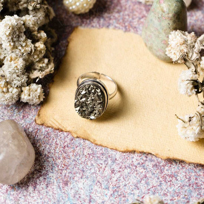 Oorjas Pyrite Adjustable Ring With Certificate of Authenticity - Unisex Ring Crystal Ring