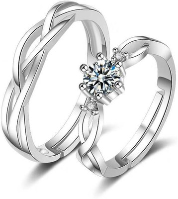 Teeragaj Stainless Steel, Brass, Stone, Metal, Copper Cubic Zirconia, Crystal, Diamond Silver, Rhodium Plated Ring Set