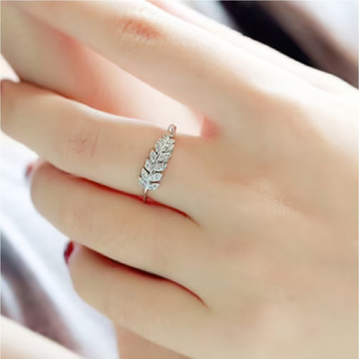 VIANSH Elegant Crystal Adjustable Leaf Ring Stainless Steel Silver Plated Ring