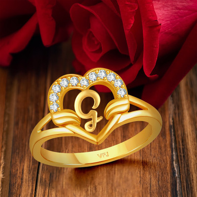 VIGHNAHARTA Valentine cluster'' G '' with heart ring alphabet cluster for women and Girls Brass Cubic Zirconia Gold Plated Ring